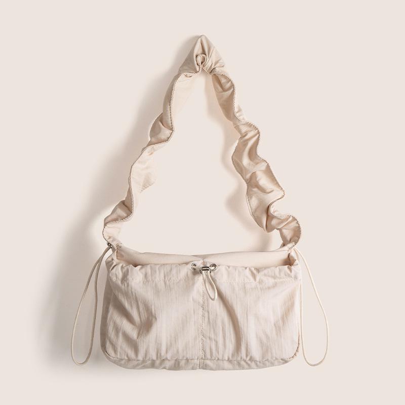 Korean Pleated Retro Lace Drawstring Nylon Crossbody Tote Bag