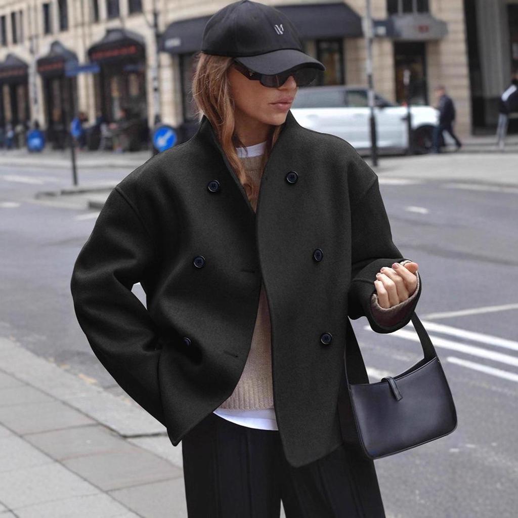 Doppelreihiger Wollmantel für Damen - Einfarbig, Lässiger Britischer Stil, Oberbekleidung für eine vielseitige Garderobe.