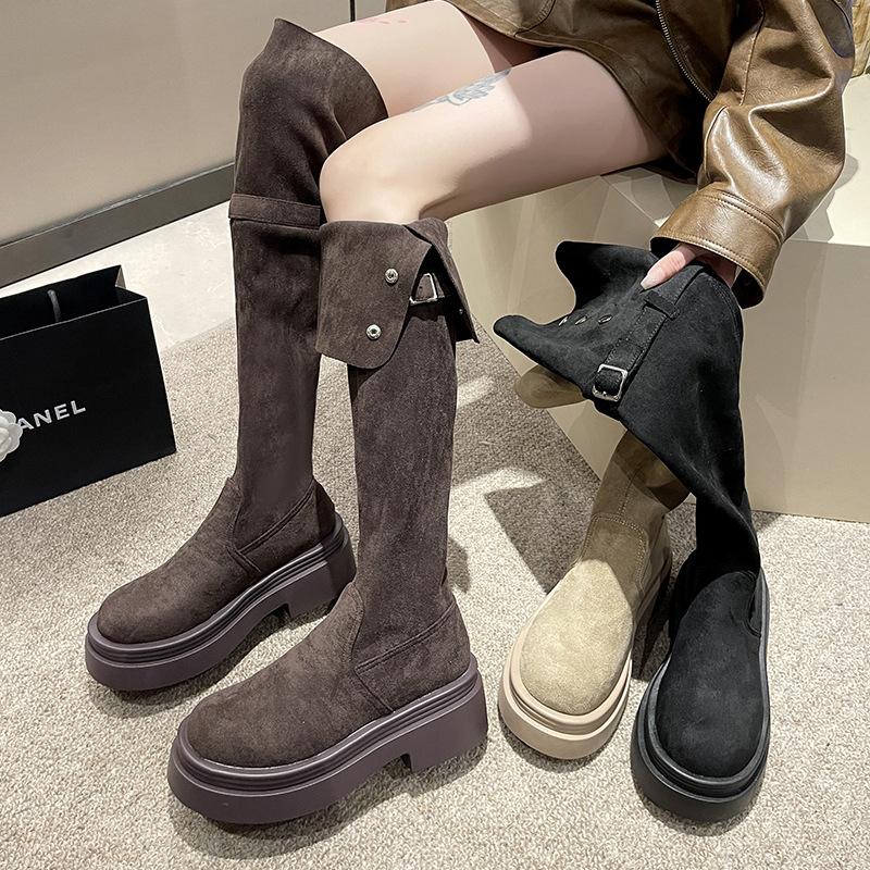 Two wear folded knee boots women's 2025 new autumn and winter thick-soled thin small long boots tall knight boots