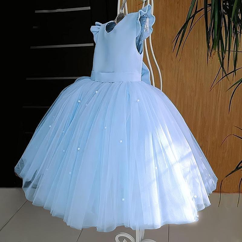Girl Flower Birthday Tulle Dress Bow Wedding Kids Party Wear Princess Blue Dress Baby Bowknot Dresses