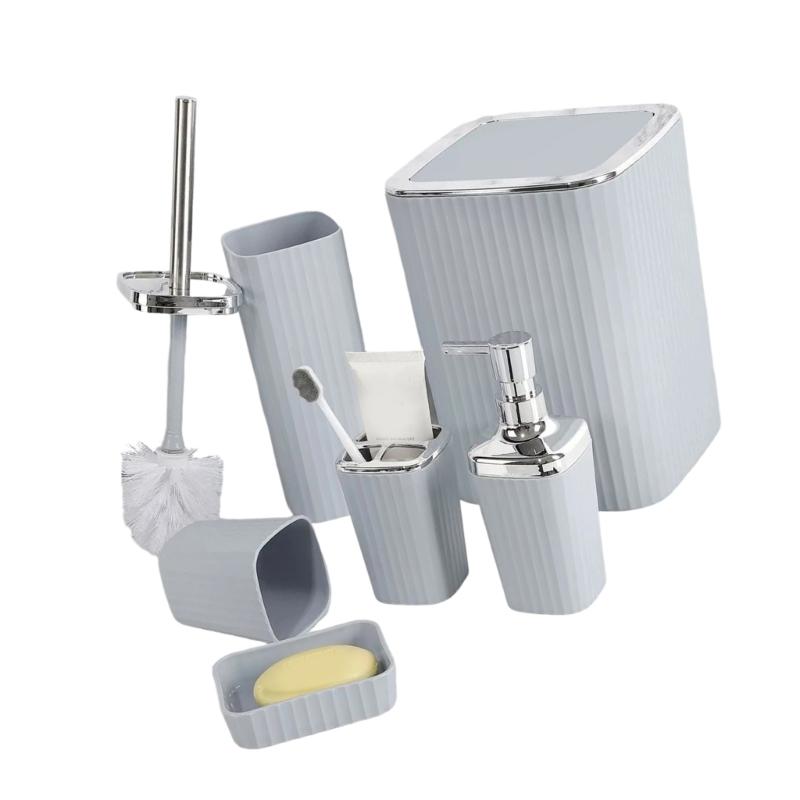 6Pcs Modern Bathroom Storage Set Includes Toothbrush Holder Hydraulic Liquid Dispenser Bottle Trash Can Cup Set