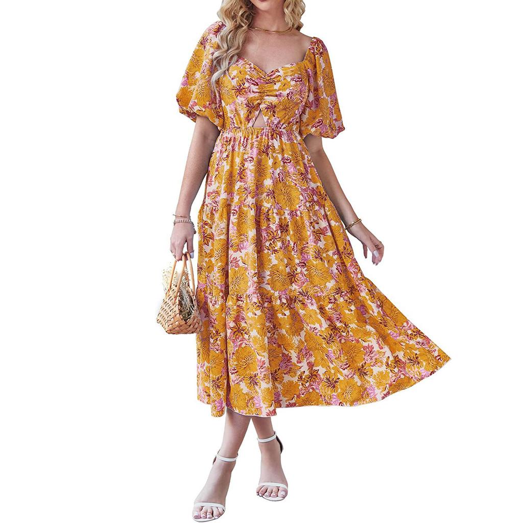 Women's Fashion Floral Square Collar High Waist Hollow Bubble Short-sleeved Back Pleated Printed Dress