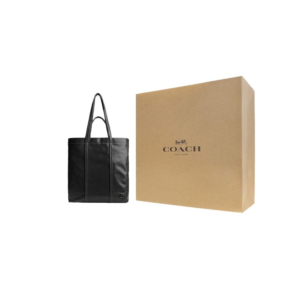 Coach Hall 35 Solid Color Logo Stripe Seam Zipper Pocket Leather Tote Bag Men tote bags Black CO839-BLK
