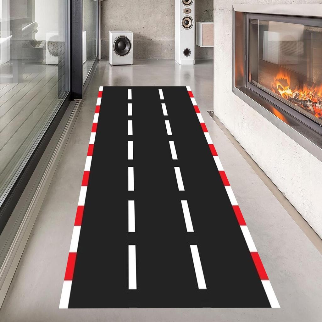 Asphalt Race Track Pattern Runner Rug Non Slip Hallway Carpet for Boys Room Living Room Bedroom Car Theme Durable FloorMat Decor