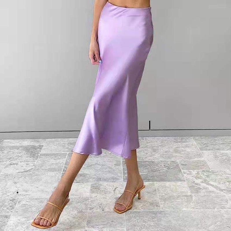 

Fashion Drape Long High Waist Sheath A- line Skirt Solid Skirt Hip Wrap High Waist Skirt Light purple L