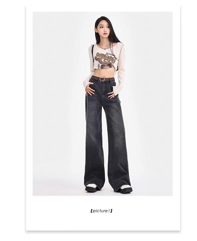 Women's High-Waisted Black-Gray Straight-Leg Jeans - Loose Slimming Wide-Leg Pants for Spring & Autumn 2025