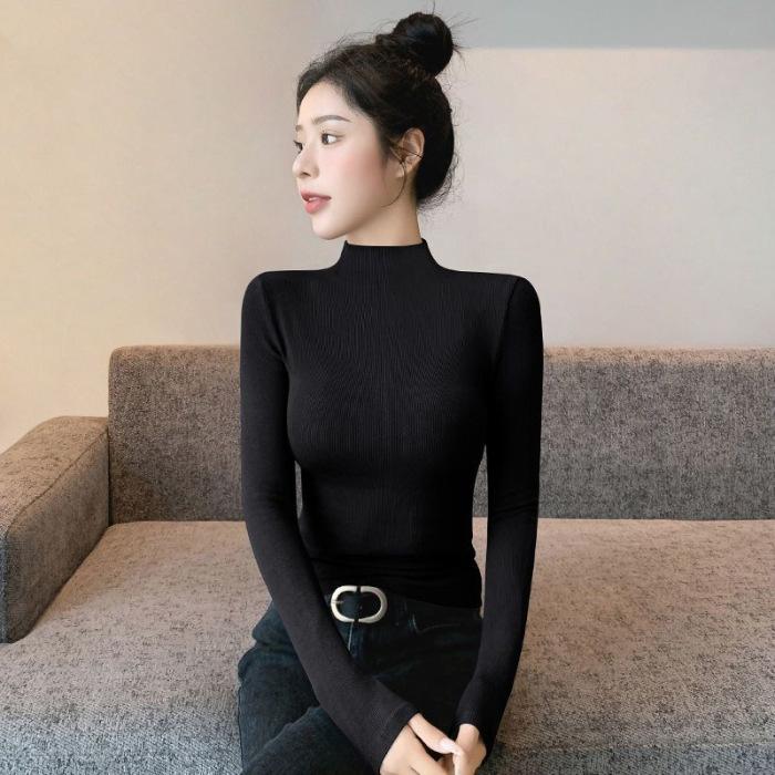Semi High Neck Base Layer Women Autumn Winter Ribbed Premium Slim Thin Knit Black Top