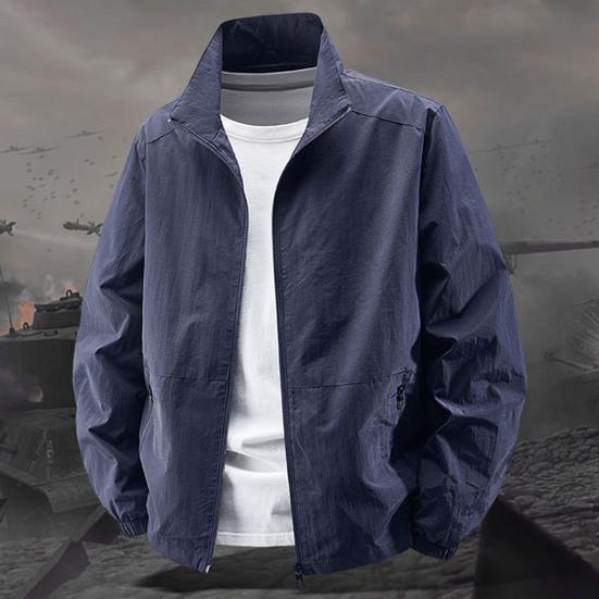 Herren Jacke Stehkragen Langarm Reißverschlussleiste Frühling Herbst Mantel mit Taschen Einfarbig Lockere Passform Vielseitige Oberbekleidung