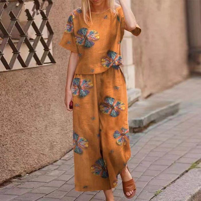 Summer Short-sleeved Cotton and Linen Two-piece Women's Casual Printed Trousers Suit
