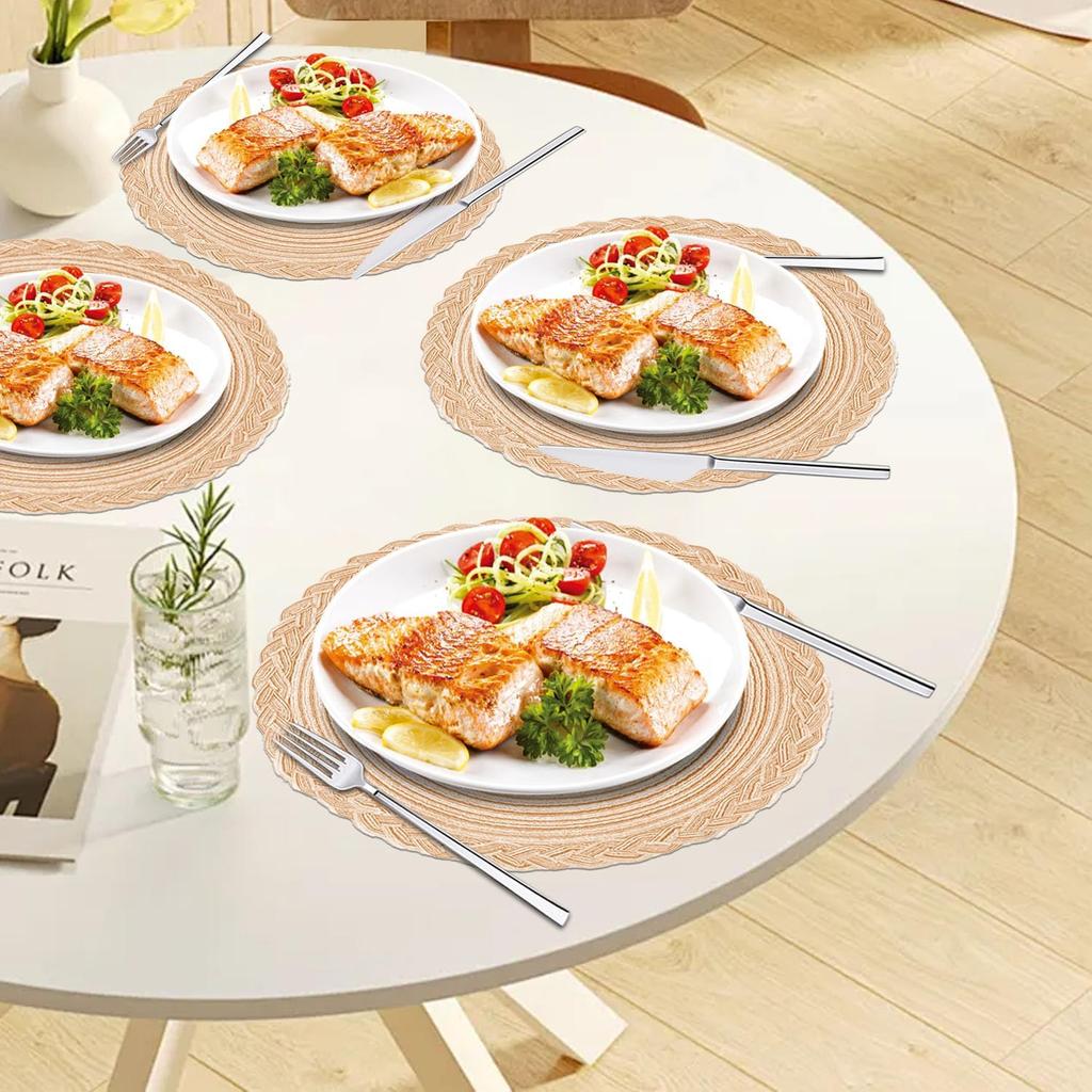 11.8 Inch Placemats,Round Braided Placemats Set of 4,Non Slip Washable Heat Resistant Cotton Polyester Circle Place Mats for Kitchen Dinner Party
