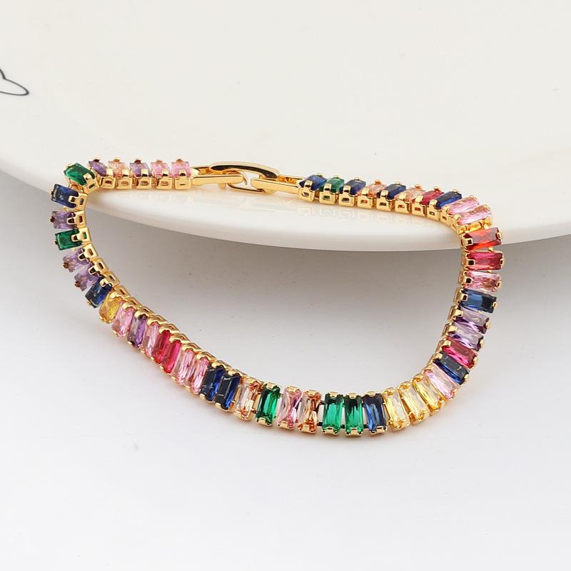 Gold Plated Rainbow Baguette CZ Tennis Bracelet – Luxury Colorful Gemstone Jewelry, Sparkle Gift for Women