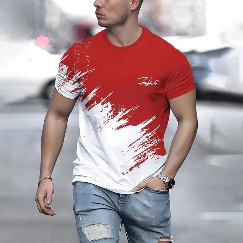 New men's T-shirt casual round neck breathable top fashionable color contrast printed men's T-shirt fun 3D T-shirt street fashio