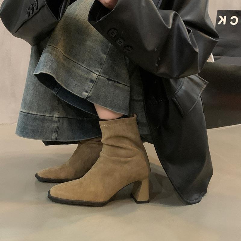 Fashion Vintage Women Ankle Boots 2025 Fashion Square Toe Thick High Shoes Autumn Winter New Ladies Elegant Stretch Slim Short Booties