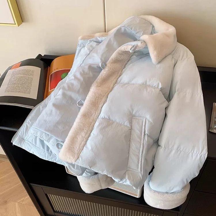 Niebieski Jagnięcy Patchwork Słodki Pikowany Płaszcz Zimowy Gruby Krótki Luźny Płaszcz typu Chleb