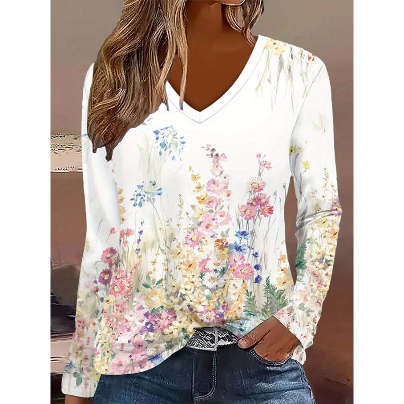 Women's Elegant V-Neck Marble Print Long Sleeve T-Shirt Soft Polyester Great for Autumn and Winter Casual Wear Floral Print Tops