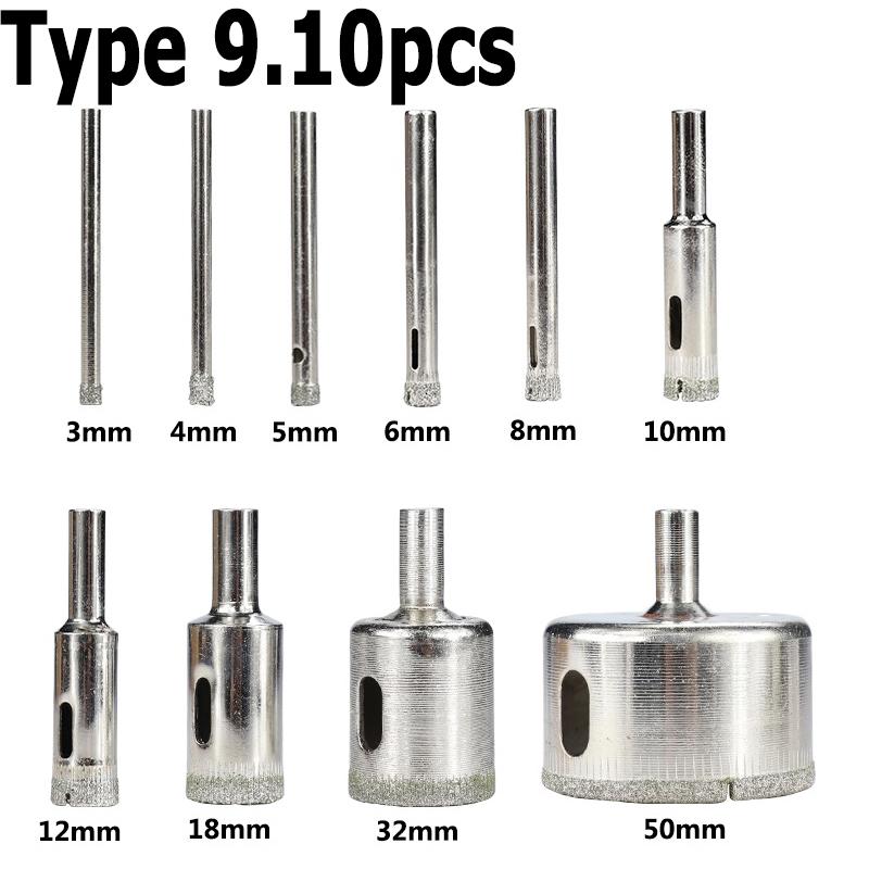 

1 комплект сверл с алмазным покрытием, набор сверл для плитки, мрамора, стекла, керамики, кольцевая пила, сверла для электроинструментов 3 мм-70 мм Type 9.10pcs