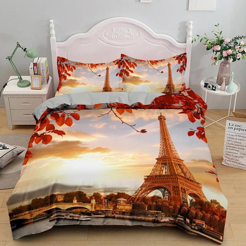 Comforter Romantic Eiffel Tower Microfiber Floral Bedding Set Paris Cityscape Twin Comforter For Girls Teen Adult Room