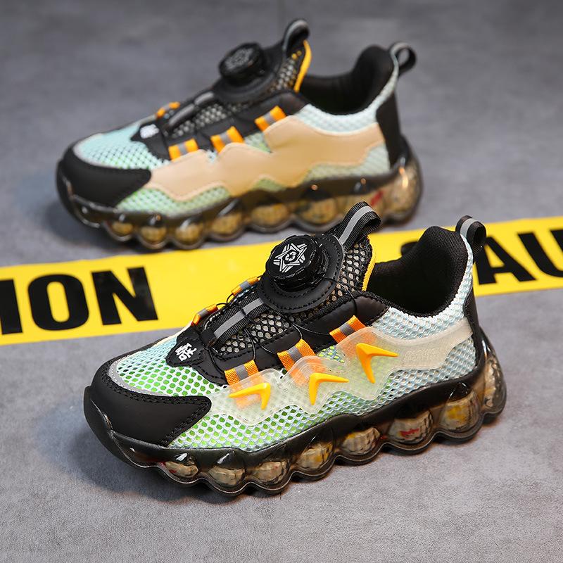Zapatillas Deportivas para Niños, Botones Giratorios, Zapatos para Niños Grandes, Zapatillas para Correr de Suela Blanda, Zapatillas de Baloncesto de Malla, Zapatos para Niños de Estilo Caliente