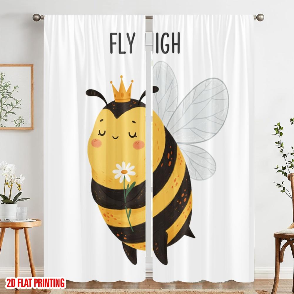 2pcs 2D flat printing Curtains Cute Bee Flower Flying Polyester Without Electricity Festive Wall Decor Perfect for Indoor