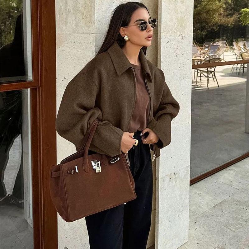 Dámská polokošilová bunda Jednobarevná Flip Límec Zip Dlouhé rukávy Krátká bunda Elegantní Retro Kabát Dojíždění Běžné Oyerwear Jaro Podzim