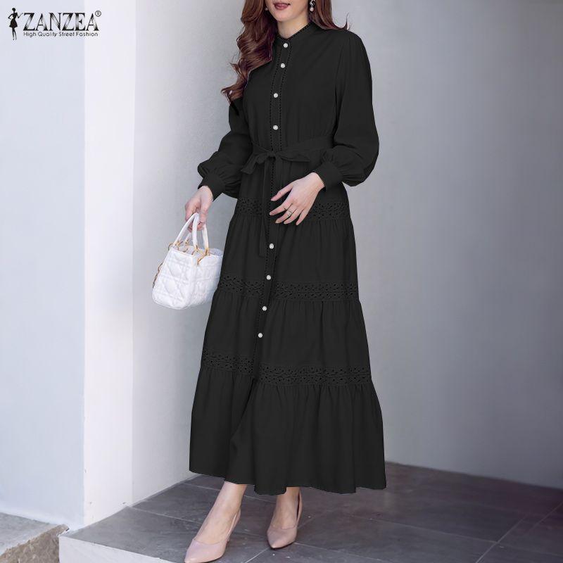 ZANZEA Women Casual Round Neck Loose Long Sleeve Dress