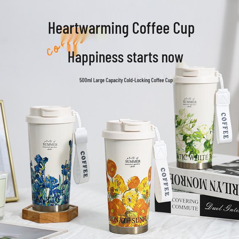 2025 316 Izolovaný hrnek na kávu pro ženy: Elegantní cestovní hrnek s dvojitou stěnou a designem konvalinek