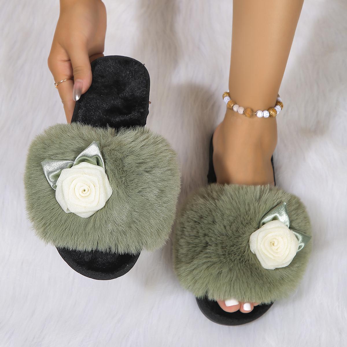 

Женские тапочки, новые повседневные плоские домашние туфли для женщин, плюшевые модные цветы, милые хлопковые тапочки, женские тапочки Zapatos De Mujer 40-41 зелёный