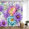 1pc Watercolor Peonies Shower Curtain - Vibrant Purple Blue Pink Blooms & Lavender Leaves On White, Realistic Whimsical Floral