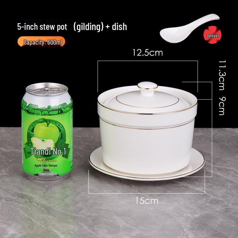Pure White Ceramic Water-Bath Stew Pot with Gold Rim - Hotel & Commercial Grade, Ideal for Chinese Shaxian, Bird's Nest, and Steam Egg Dishes.
