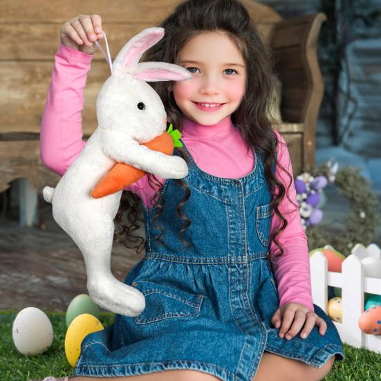 Rabbit Ornament Plush Standing Easter Decoration with Hand-Held Carrot Soft Pink Ears Tree Topper Holiday Home Decor Indoor Gift Prop