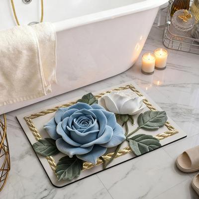 3D Rose Pattern Rug Diatomaceous Earth Absorbent Floral Floor Mat Non-Slip Bathroom Rug for Entrance Shower Kitchen Laundry Room