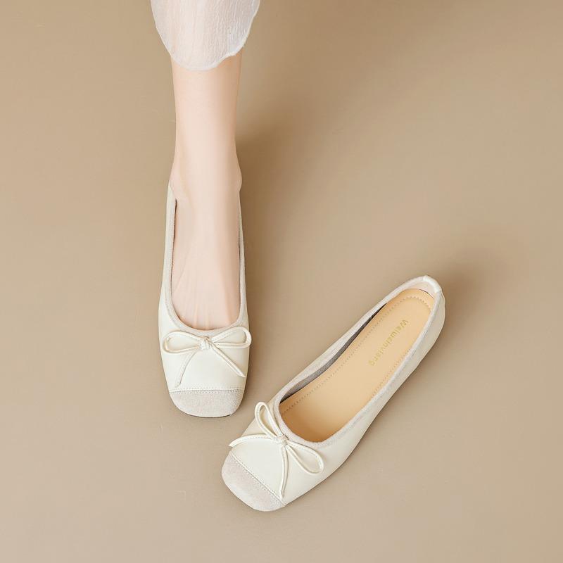 French square head single shoes women's one foot stirrup bow tie thick bottom within the high shallow mouth grandmother shoes