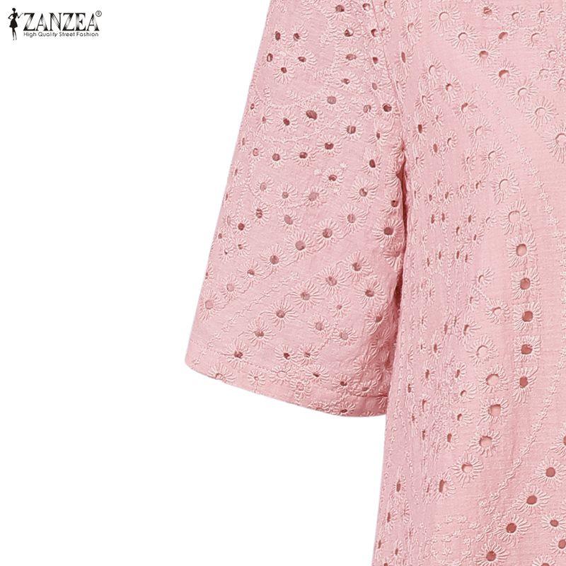ZANZEA Women Casual Hollow Embroidered Patchwork Summer Short Sleeve Dress
