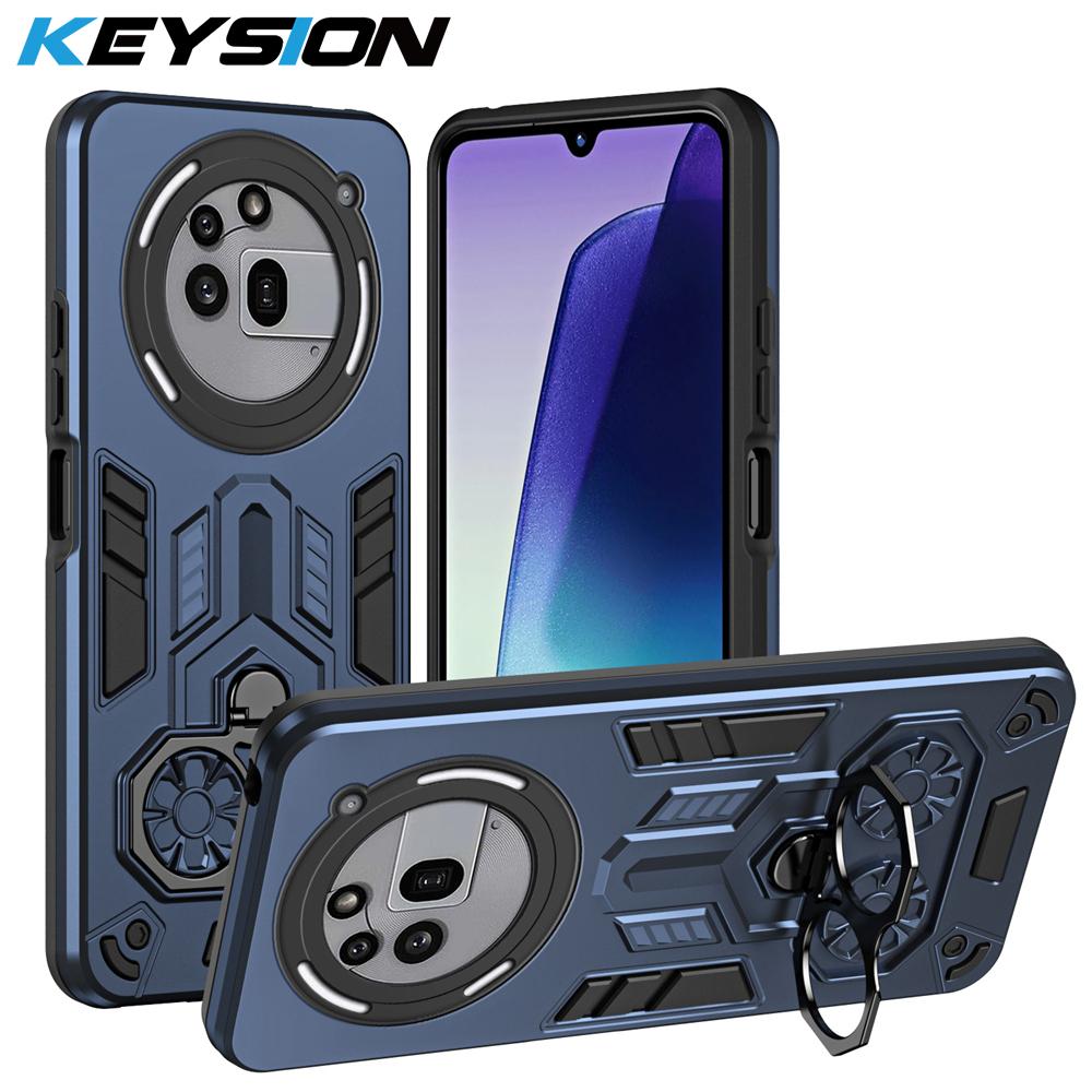 KEYSION Shockproof Armor Case for Nothing Phone 3A Pro Soft Silicone+PC Metal Ring Stand Phone Back Cover for Nothing 3A Pro