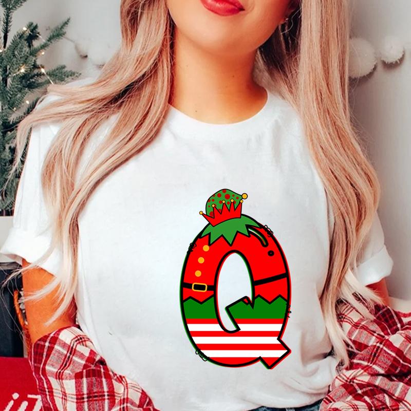 Womens Christmas letter AZ pattern printed Tshirt casual street festival party Christmas letter printed Womens Tshirt S