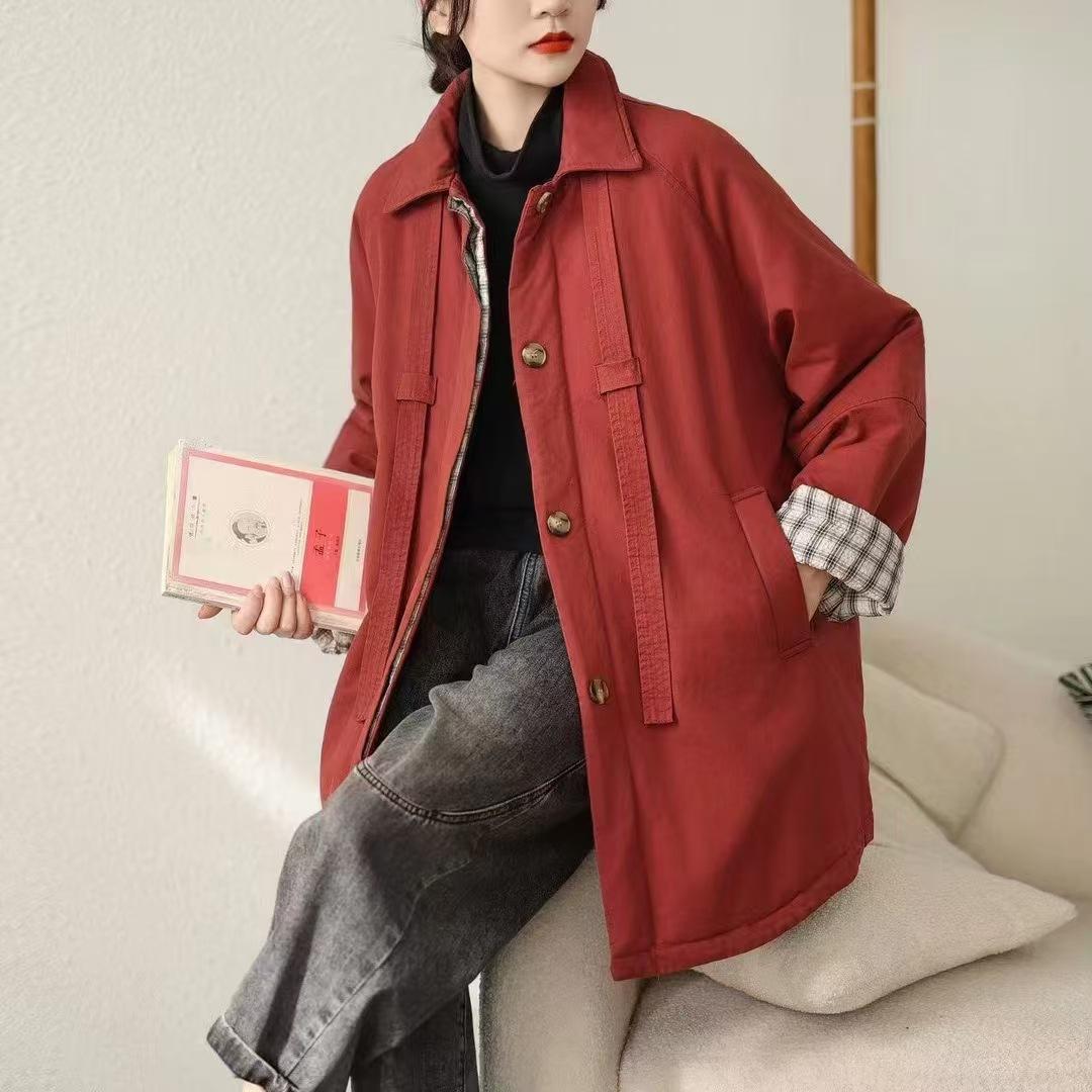 

New 2025 autumn and winter commuting casual splicing plaid cotton clothes women s single-breasted lapel design versatile jacket One size красный