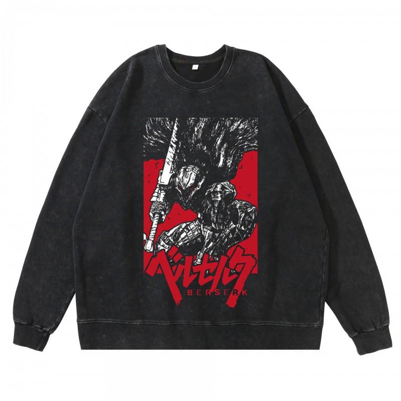 Schwergewicht 360g Gewaschener Vintage Berserk Anime Streetwear Baumwolle Pullover Hoodie Herren