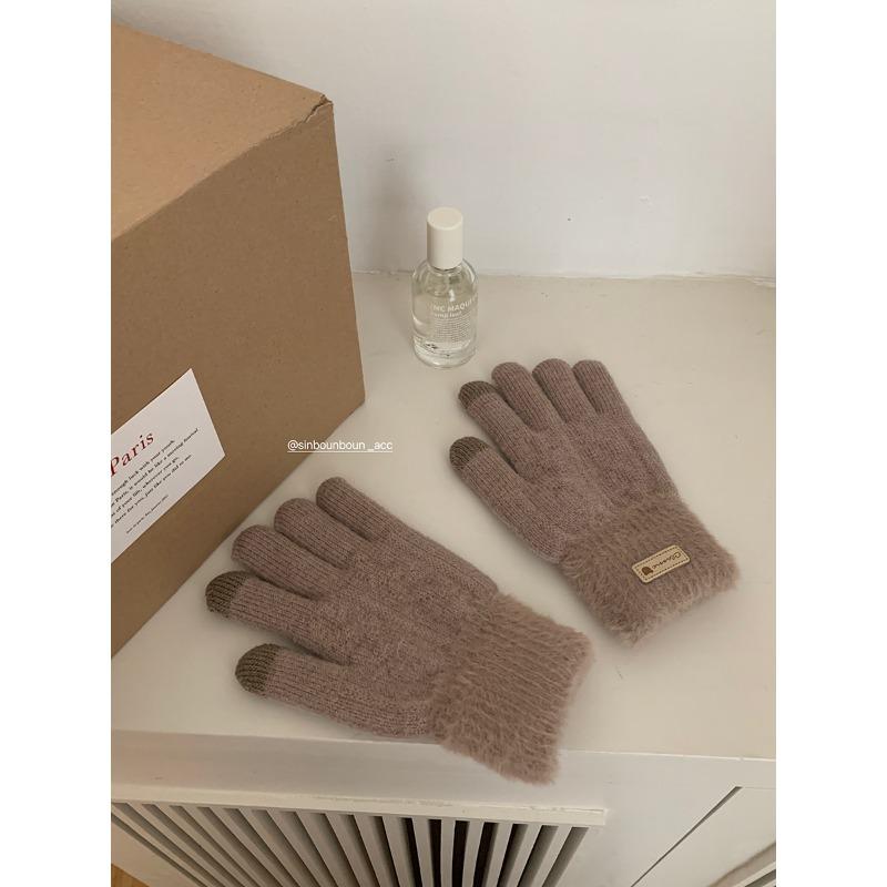 Jintai Korean Version of Winter Thickened Color Blocking Gloves Warm Plush Double Layer Touch Screen Split Knitted Female Cycling Student
