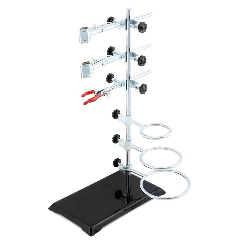 B97A-Lab Support Stand Set With Iron Clamp Holder, Flask Clamp, And Condenser Stand-Laboratory Grade Metalware Set
