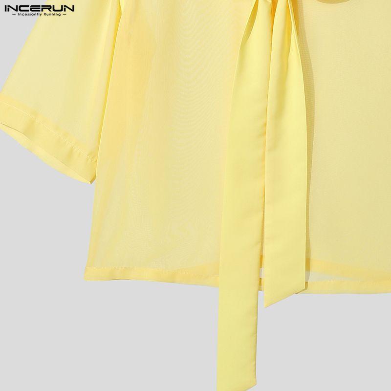 INCERUN Summer Men Lapel Short Sleeve Lace Mesh Sheer Casual Loose Shirts