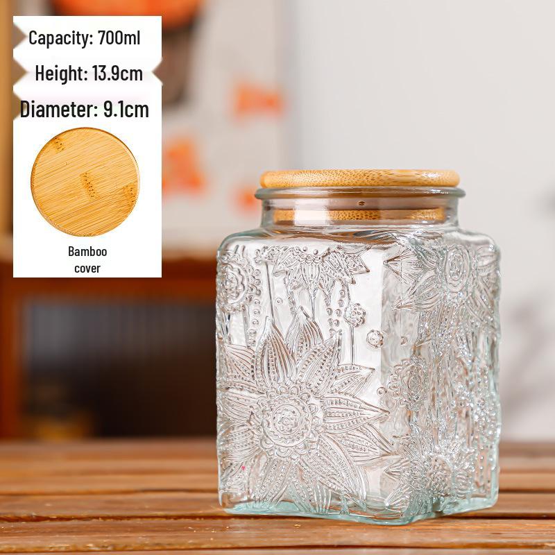 Retro Carved Storage Jar with Acacia Wood Lid for Grains, Dried Fruits, and Snacks