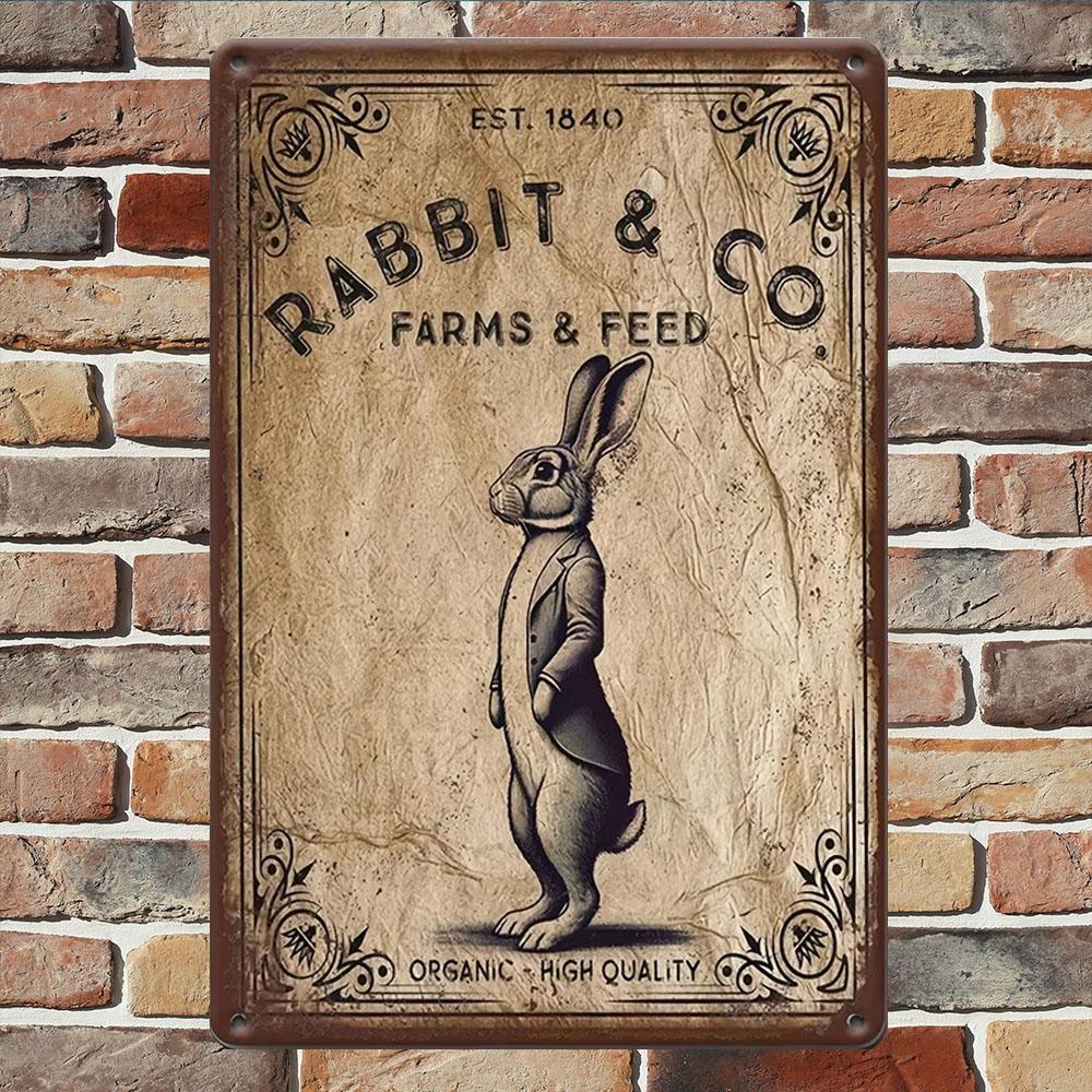 1 szt. Blaszana grafika, Metalowy znak z Zajączkiem Wielkanocnym - "Rabbit & Co". Farms & Feed" | Rustykalna metaloplastyka ścienna na zewnątrz, dekoracja ogrodowa
