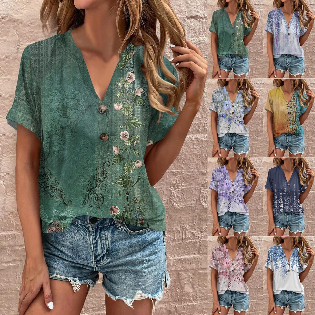 Short Sleeve Womens Tops  Floral Print Vintage Fashion Casual Loose With V Neck Plus Size Shirts