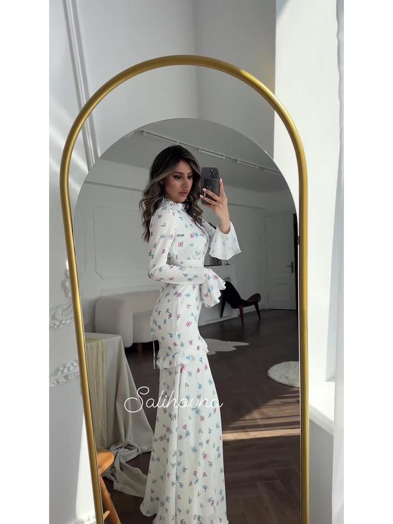 European & American Floral Ruffle Long Dress - Gentle Style, Fresh Spring White, 2024 Collection