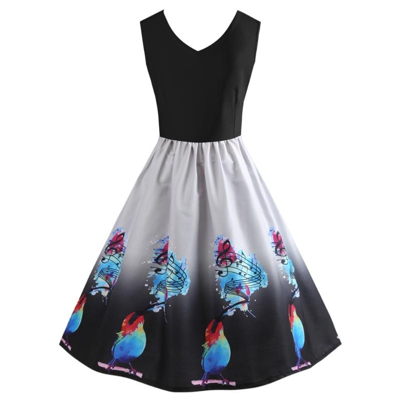 Hot-selling V-neck Sleeveless Positioning Printed Big Swing Skirt, One Large Size.