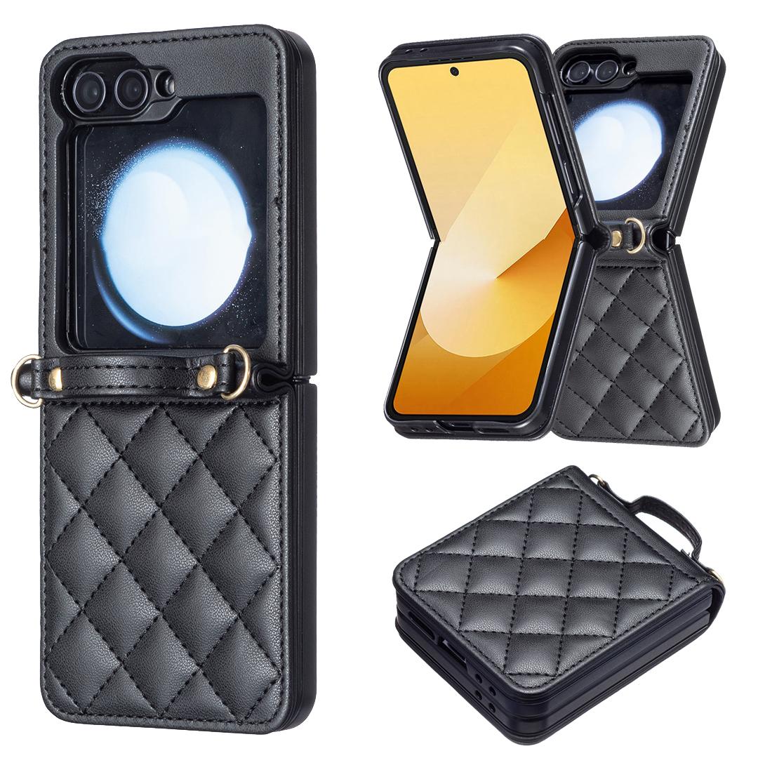 

For Samsung Galaxy Z Flip6 5G/Z Flip5 5G Leather Back Case Rhombus Phone Cover with Shoulder Strap Black