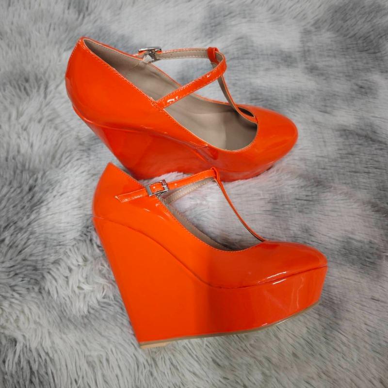 

2025 Нові осінь-зима Жіночі човники 14 см, круглі пальці, Т-подібні ремінці, платформа, танкетка, високі підбори, жіночі туфлі-гладіатори, вечірні весільні туфлі 36 помаранчевий