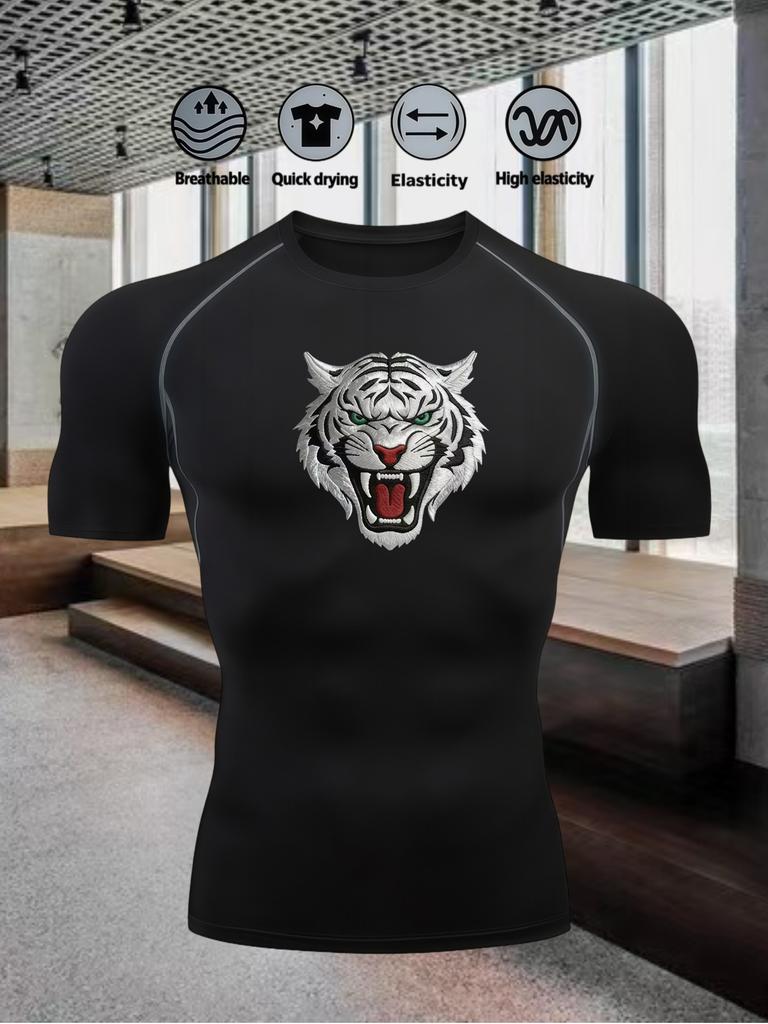 Herren Kompressionsshirt Schnelltrocknend Weiß Fitnessstudio T-Shirt Brüllender Weißer Tigerkopf Aufdruck Workout Sportbekleidung