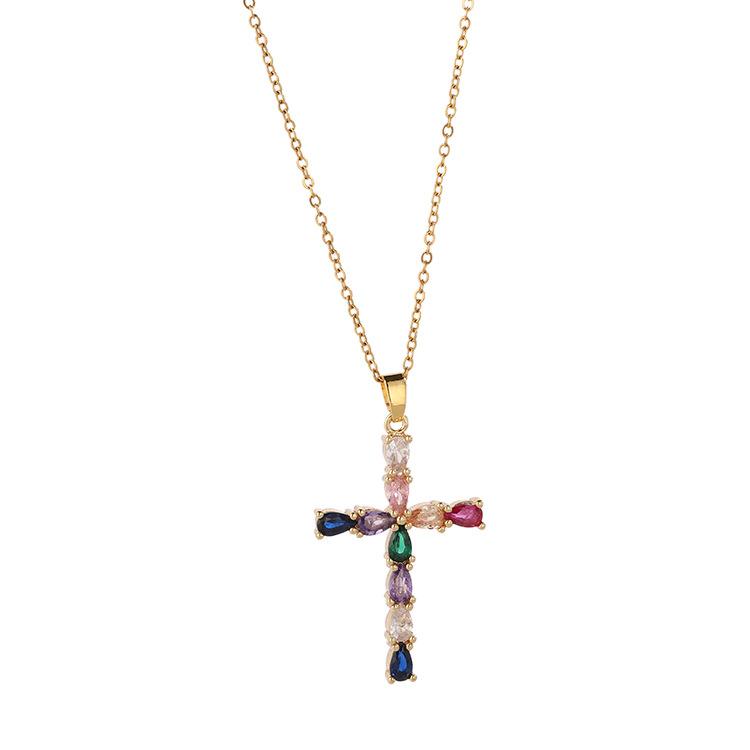 Fashion Women's Jewelry Micro-paved Colorful Zircon Drop Cross Necklace Necklace Commuting
