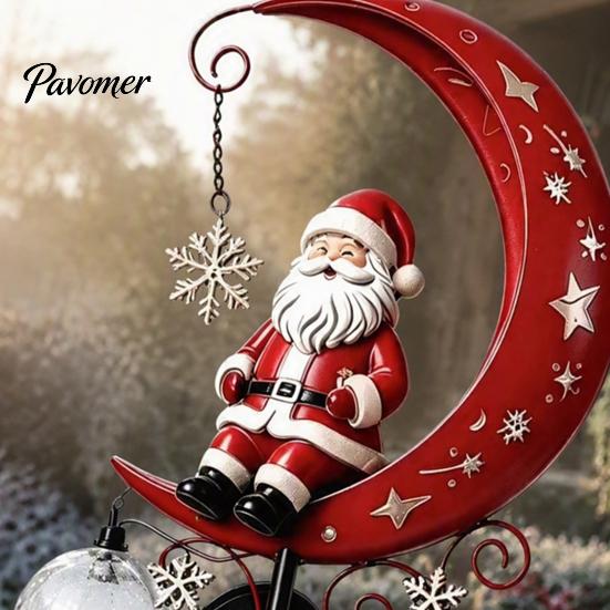 Retro Style Garden Art 31 Inch Solar-Powered Christmas Stake Light, Santa Claus on A Moon LED Pathway Auto Solar Powered Lamp Light with Snowflake